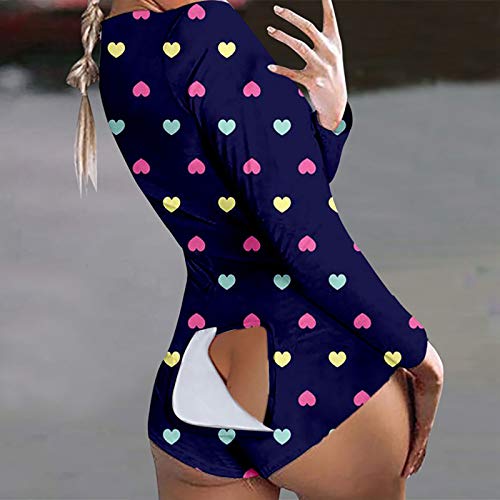 YCAXZSH Women Sexy Butt Button Back Flap Jumpsuit Pajamas,Functional Buttoned Flap Adults Pajamas Jumpsuit Sleepwear Onesie, Women Sleepwear One Piece V Neck Button Up Pajama (E,L)