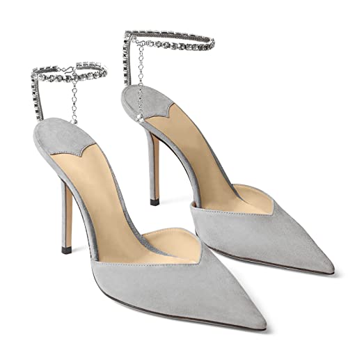 Image of LauraVicci Women's Heeled Sandals Crystal Chain Ankle Straps Rhinestones Buckle High Heels Stiletto Slip On Wedding Party Satin Dress Shoes