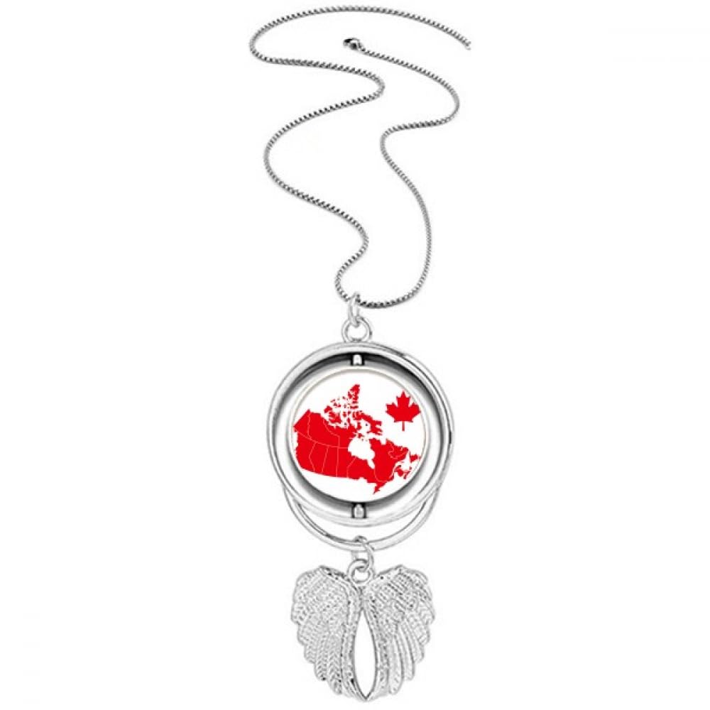Collier érable rouge et carte du Canada avec ailes d'ange en argent pour passionnés