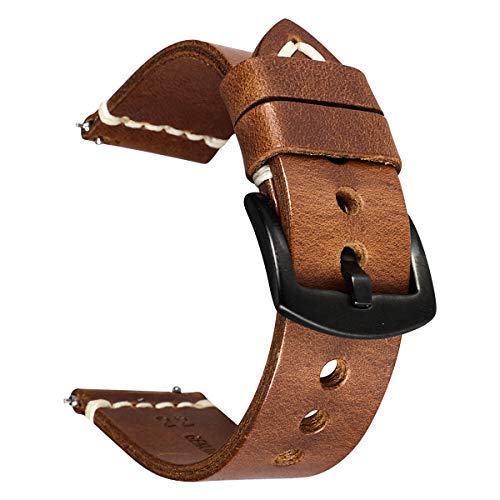 Quick Release Vintage Leather Watch Band 20mm 22mm 24mm, HUAFIY New Retro Discolored Genuine Leather Replacement Watch Strap for Men Women (24mm, Brown/Black Buckle)