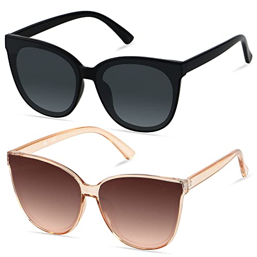LYZOIT Oversized Cat Eye Sunglasses for Women Big Large Cateye Frame Shades 2 Pack Fashion Vintage Sun glasses