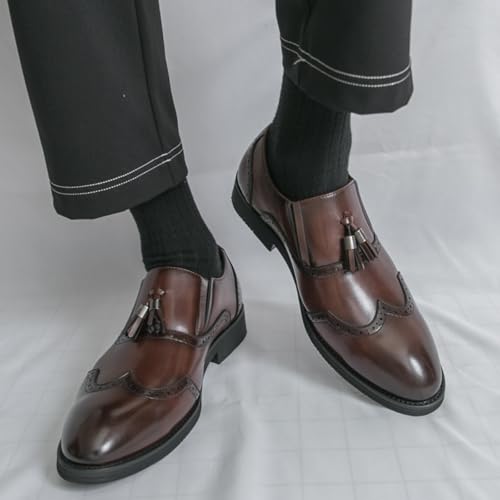 Men's Retro Leather Slip-On Wingtip Brogue Dress Tassels Loafer Shoes Pointed Toe Low Chunky Heel Non-Slip Casual Shoes for Business Dress Prom Party Formal4
