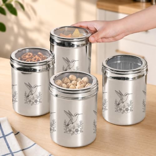 Image of Nestasia Stainless Steel Jars with Lid Set of 4 (1.25L Each) - Airtight & Rust-Resistant Container for Kitchen Storage | Top Window Dabba with Etched Bird Design - Ideal for Snacks, Cookies & Pulses