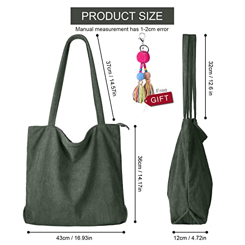 Image of FITDON Corduroy Totes Bag with Zip, Shoulder Bags Handbags Women's Hobos Large Capacity Shopping Bag with Inner Pocket, Green