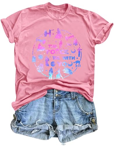 FRYAID May The Power Be with You Shirt Women Vintage Magical Tshirt Magic Graphic Tee Family Vacation Casual Short Sleeve Top A-Pink