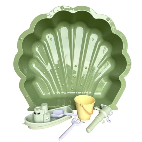 Sand- oder Wassermuschel (pastellgrün incl. Sandspielzeug 6-teilig) mit Wasserpumpe, Boot, Sandeimer, Rechen und Schaufel