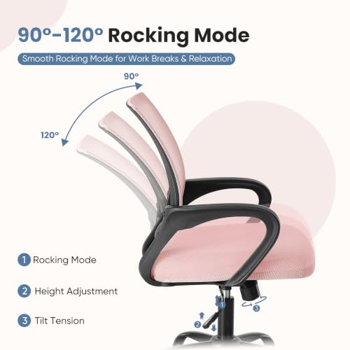 Image of DUMOS Ergonomic Home Office Chair, Executive Mesh Desk Chair | Height Adjustable, Lumbar Support, Breathable Mid Backrest, Fixed Armrest, Rolling Wheels, Computer Gaming, Meeting, Pink