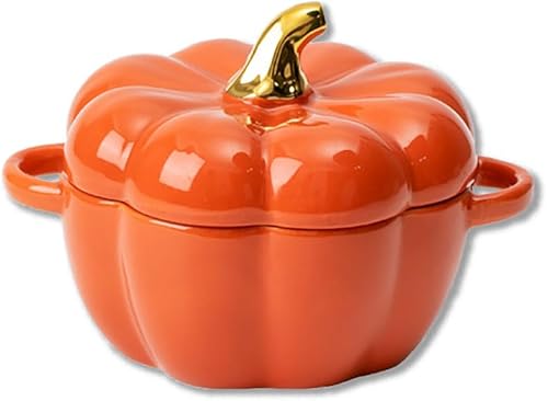 Cacerola de cerámica con tapa, cacerola de calabaza pequeña con tapa, olla esmaltada para hornear, fácil de limpiar, decoración del hogar de Acción