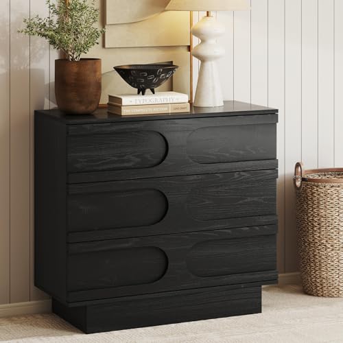Image of Nathan James Iris 3 Drawer Dresser, Mid-Century Modern Solid Wood Dresser for Bedroom, Black Oak
