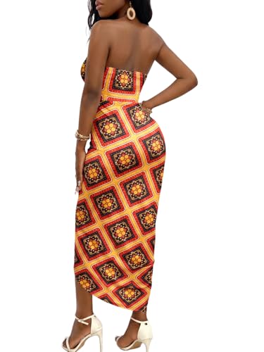 Image of Umenlele Women's Strapless Ruched High Waist Wrap Split Asymmetrical Beach Maxi Long Dress