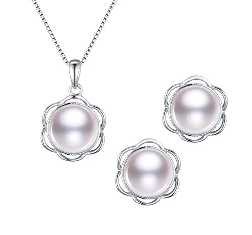 Preisvergleich Produktbild TreasureBay Elegante Süßwasserperle Halskette und Ohrringe Schmuckset mit 925 Sterling Silber Kette für Damen