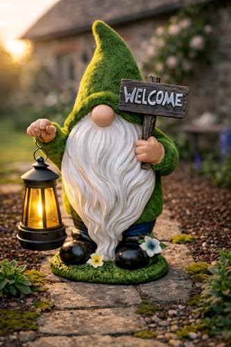 IMPECCABLE GOODS Garden Gnomes Outdoor with LED Solar Light - 11 Summer Season Gnome - Funny Decorations House Warming - Porch Deck Home Yard Patio Solar Lantern Statues - Birthday Gifts