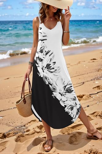 Image of Zeagoo Women's Casual Sundress Summer Maxi Sleeveless V Neck Split Boho Beach Dress Travel Vacation Dress with Pockets