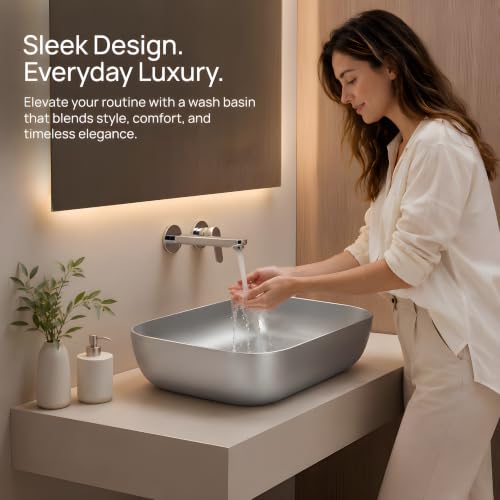Image of VENICE Bathroom Vanity Sink Countertop Stylish & Durable Ceramic Tabletop Wash Basin Rectangular Vessel Bowl Metallic Silver Glossy Finish