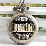 Montre de poche vintage en verre plaqué bronze avec pendentif en forme de livres sur l'étagère - Collier fait à la main pour femme, homme, enfant