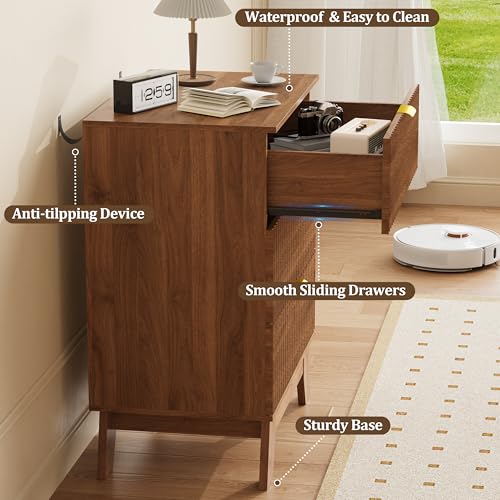 Image of Fluted Nightstand Sets of 2 with 3 Large Drawers, Wooden Side End Table with Elevated Legs for Easy Cleaning, Sturdy Modern Beside Table for Small Space, Bedroom, Walnut, 24 inch L