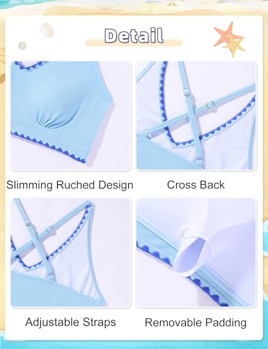 Image of Girls Swimsuit Contrast Trim Cross Back Swimwear Girls Bathing Suit with Padding 7-16Y