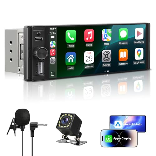 Single Din Radio Car Stereo with Apple CarPlay & Android Auto, 6.28 Inch HD Touch CarPlay Screen, Backup Cam,Bluetooth, MP5,USB Type-C, SWC, EQ, FM Radio (with External Mic)