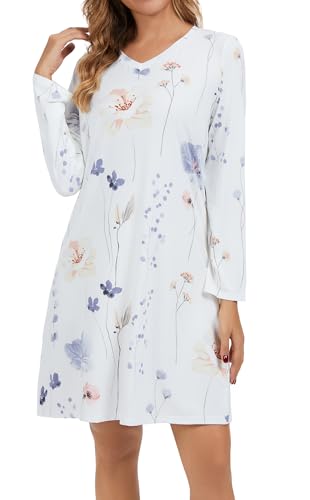 2 Pack Long Sleeve Nightgowns for Women Soft Cotton Night Gowns Sleepwear V Neck Nightshirts2
