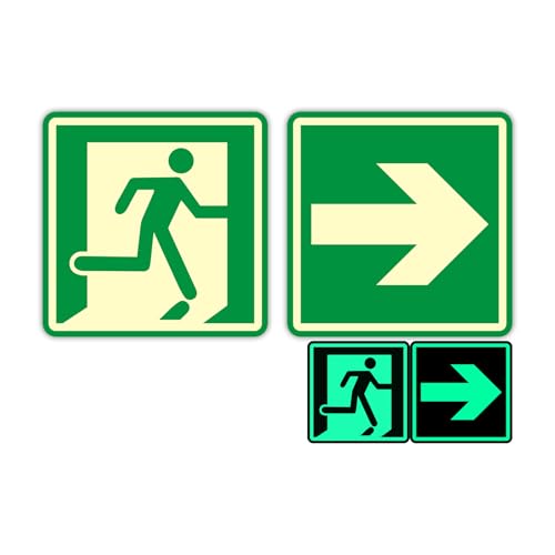 Acuxiaza Panneau Sortie de Secours Lumineux 2 Pièces 150x150 mm Panneau Issue de Secours en PVC Panneaux d'évacuation Autocollant Issue de Secours, EXIT Flèche, Adhésif, Extérieur et Intérieur