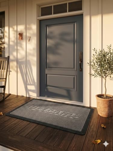 Image of Heavy Duty Front Door Mat 2x3 Feet, Outdoor Indoor Welcome Mat, Non Slip Dirt Trapper Entrance Rug for Entryway, Patio & Porch,Washable Low Profile Welcome Mat (Grey Welcome 2 x 3 Feet)