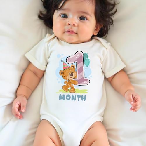 Image of Knitroot Monthly Birthday Teddy Special, Newborn Baby Half Sleeve Unisex Romper, Onesies, Sleepsuit, Body Suit, Envelope Neck, 1 to 12 Months Print, 0-12 Months, Infant Cloth for Boys & Girls