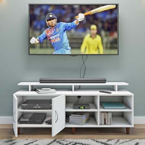 Image of VIKI Modern TV Unit for Living Room | Engineered Wood TV Cabinet with 2 Door Storage, 2 Open Shelves & Extension, Entertainment Unit, 140W x 48H x 40D cm | DIY | 1 Year Warranty (White)