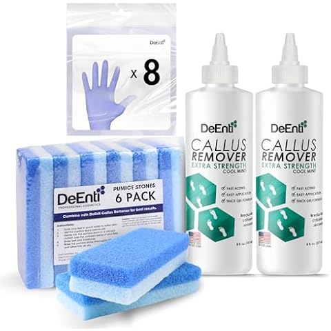 DeEnti Six Pack Bundle, Bundle Includes 2 Bottles of Mint Scented Callus Remover, 6 Pumice Stones for Feet, and 8 Pairs of Gloves, Salon Grade Foot Care, Home Manicure and Pedicure Kit Cover
