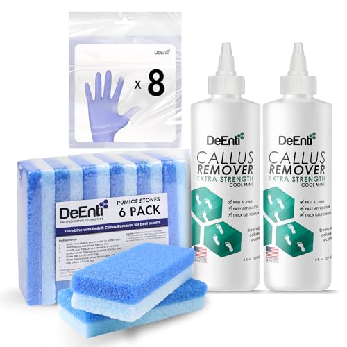 DeEnti - Paquete de seis unidades, incluye 2 botellas de removedor de callos perfumado a menta, 6 piedras pómez para pies y 8 pares de guantes, cuidado de pies de grado de salón, kit de manicura y