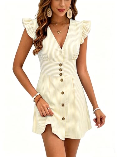 crazy bean Robe Femme Été col V sans Manches à Volants Mini Robes de Plage Chic et Elegant des Rayures Fluide Patineuse Kaki L