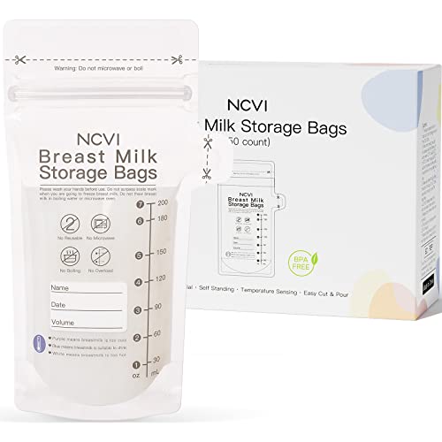 Image of NCVI Breastmilk Storage Bags, 50 Count Milk Storage Bags for Breastfeeding, 7oz Breast Milk Storage Bags with Temp-Sensing, Doubled-Sealed, Hygienically, Self Standing, Easy Pour Spout, BPA Free