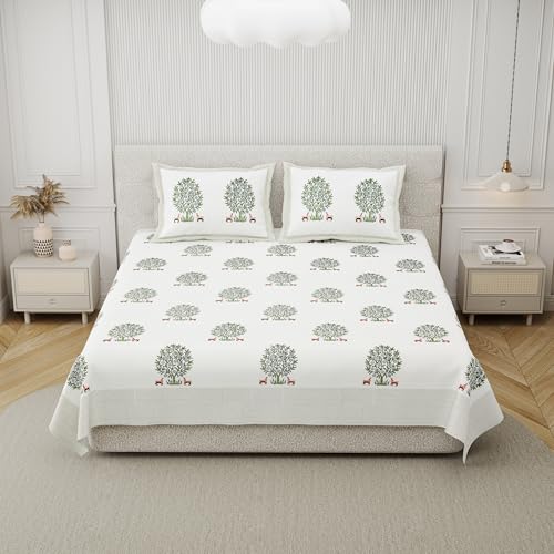 Image of DE CAMA Since 1997 | 100% Cotton 300 TC Premium Super King Size Bedsheet for Double Bed (108 x 108 Inch) with 2 Pillow Covers Set (17 x 27 Inch) Hand Block Printed Bedsheet Set - Green /White