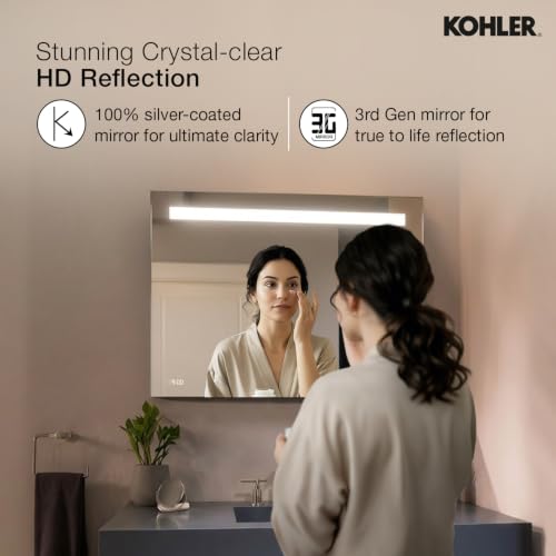 Image of Kohler Forefront Rectangular Light Mirror for Bathroom - 35 inch x 26 inch LED Mirror for Wash Basin - Anti-Steam with Digital Mirror Clock Display - Touchless Control - High Definition Reflection 23266IN-NA