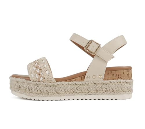 Soda “Seeds” ~ Women Round Toe Raffia Stitch Espadrille Wedge Sandals