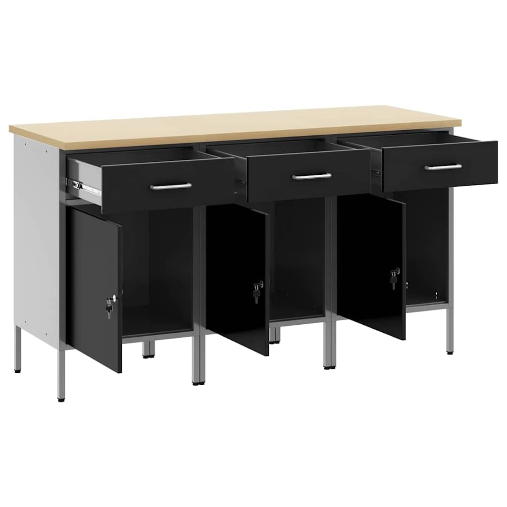 Banco da lavoro con cassetti, 3 pezzi, nero e grigio, 150 x 55 x 85 cm, per officina, casa, ufficio, LH6631233