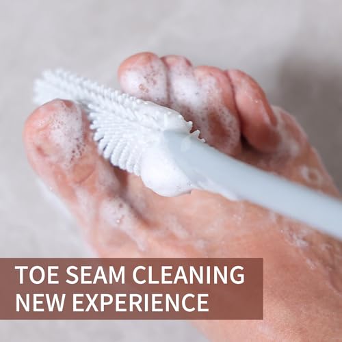 Long Handled Silicone Toe Cleaner, Soft Rubber Brush, Exfoliating Foot Scrubber for Shower - Seniors, Men and Women (Gray)