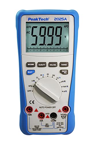 PeakTech 2025 A – True RMS Digital Multimeter, 6.000 Counts, integrierte Datenschnittstelle mit Software, Messgerät für Widerstand, Kapazität, Diode, Durchgangsprüfer, 1000V - 10A AC/DC - CAT III