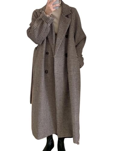 Image of utcoco Womens Plaid Tweed Blazer Trench Coat Notched Double Breasted Belted Midi Pea Coat (X-Large, Coffee)