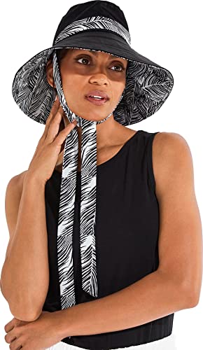Coolibar Upf 50+ Women's Kristen Sateen Bucket Hat - Sun Protective (One Size- Black/White Grand Palm) #TOP2