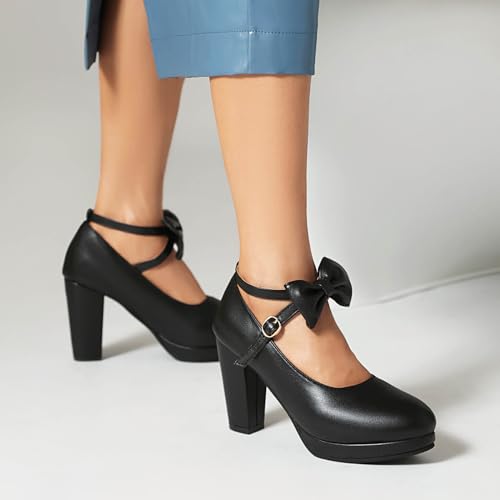 Image of ForeMode Fashion Women T-Strap High Heels Bow Platform Round Toe Pumps Leather Summer Sweet Shoes