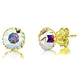 DTPsilver Pendientes Mujer Plata de Ley 925 Chapados en Oro Amarillo con Cristales Swarovski Elements - Pendientes Pequeños Oro -Pendientes Dorados - Diámetro: 6 mm - Pendientes Aurora Boreale