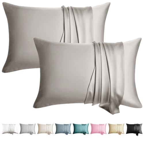 Image of 100% Silk Pillowcase for Hair and Skin Toddler Size 2 Pack Mulberry Silk Pillow Case 13 x 18 Inches Highest 6A Silk Kids /Travel Pillow Cover Soft Breathable Cooling with Hidden Zipper, Grey