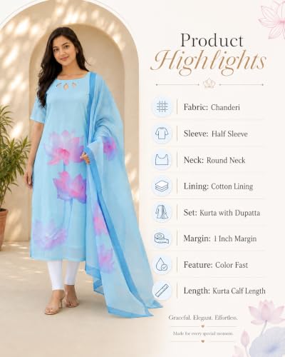 Image of Sun Fashion And Lifestyle Chanderi Printed Straight Kurta With Dupatta Set