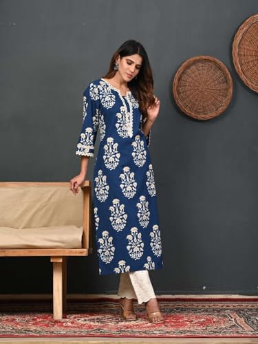 Image of Rimeline Women's Cotton Printed Kurta with Lace Yoke Detail | Elegant Straight Fit Ethnic Wear for Office, Casual & Daily Styling