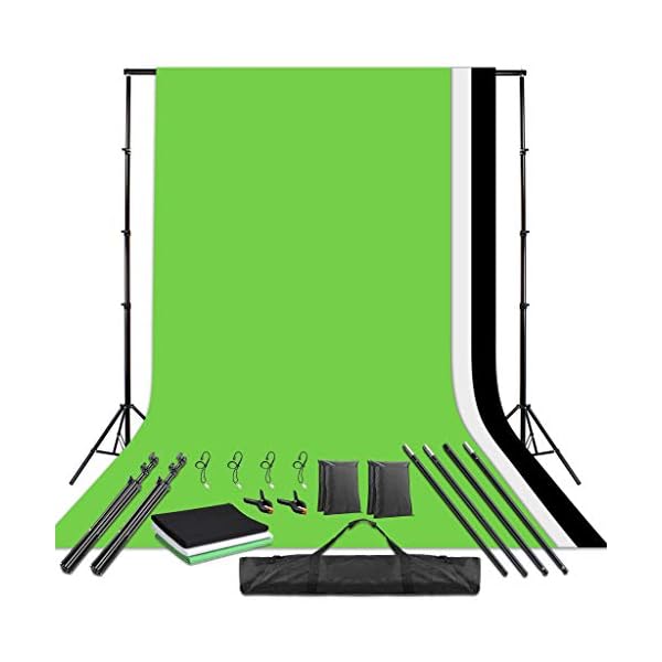 Fotostudio-Hintergrund-Ständer mit 2 x 3 m Stoffhintergrund (weiß, schwarz, grün) Klemmen und Tragetasche für Portrait…