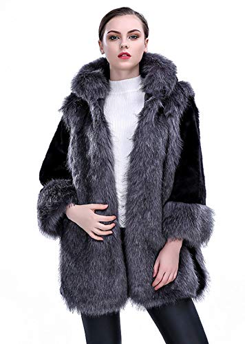 CHARTOU Women's Winter Thick Warm Contrast Faux Fur Hooded Jacket Coat Pockets (Medium, Grey)
