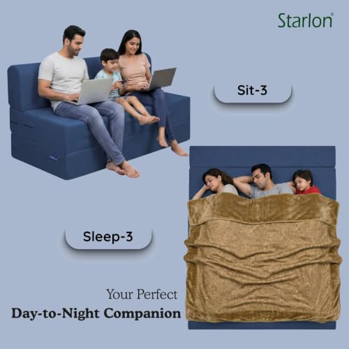 Image of Starlon 3 Seater Foldable Sofa Cum Bed 3-in-1 with 2 Floral Pattern Pillows, Washable Jute Fabric Cover, Space Saving Guest Bed, Royal Navy Blue 6x6.5 Ft