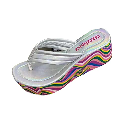 Women's Rainbow Platform Flip-Flops Wedge Platform Open-Toe Thong Sandals Slippers with Arch Support Slip On Comfortable Outdoor Beach Slippers