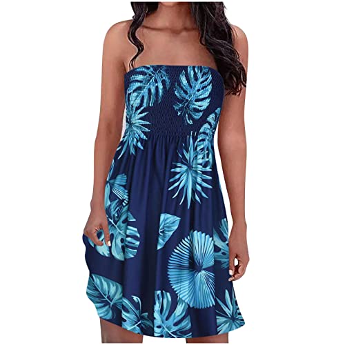 Generic Bandeau Beach Dresses for Women UK Strapless Boho Sundress Boobtube Sheering Ruched Mini Dress Summer Vest Top Floral Mini Dress Pleated Swing Dress,XXL,051 Dark Blue