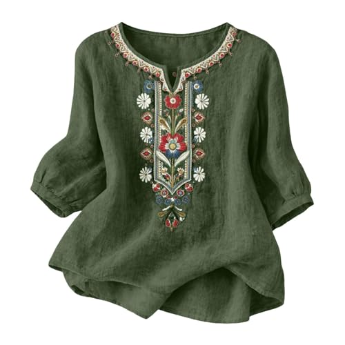 Womens Linen Embroidered Tops Vintage Mexican Shirt V Neck Summer
